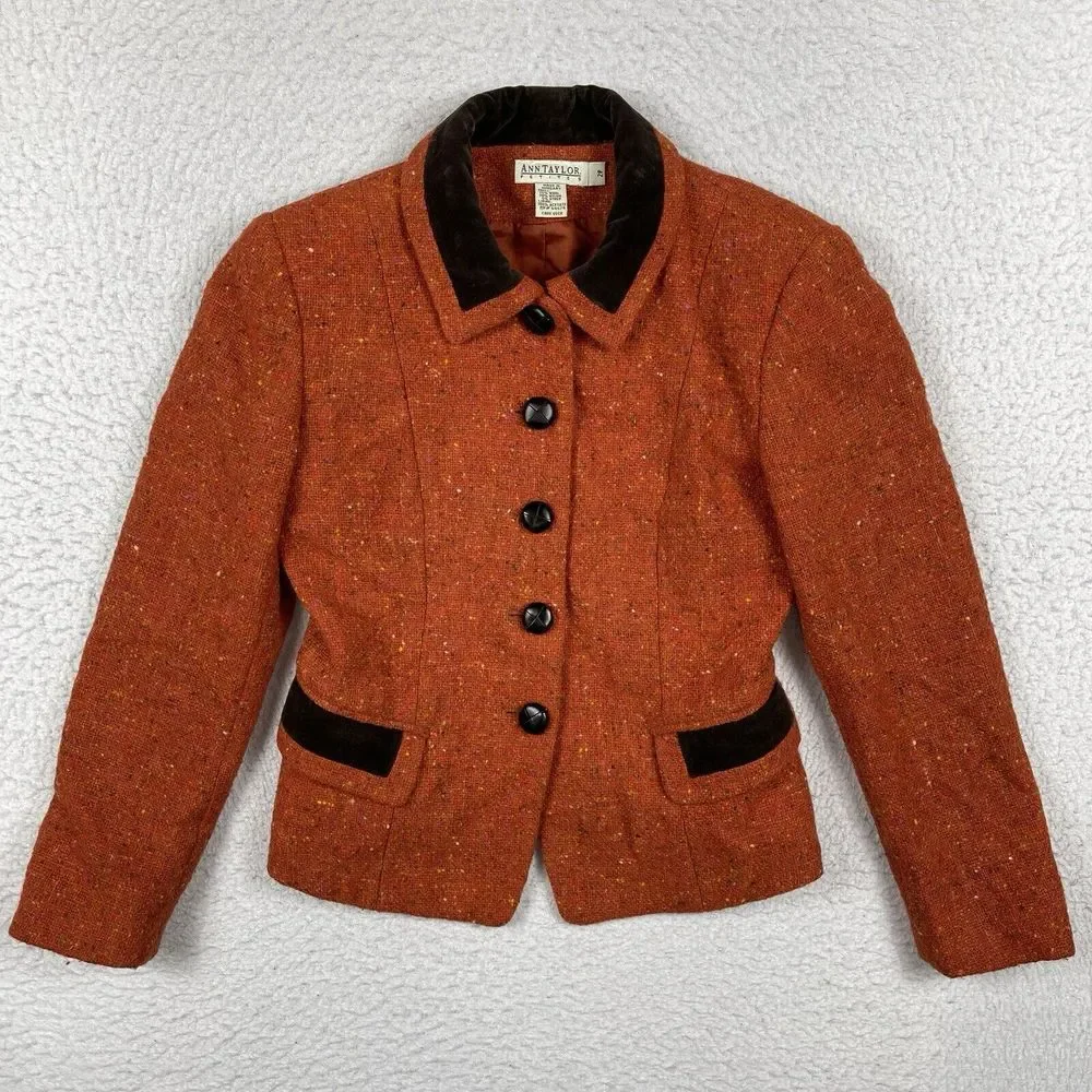 Ann Taylor Jacket Womens 2 Petite Orange Wool Blend Blazer Lined Speckled Career